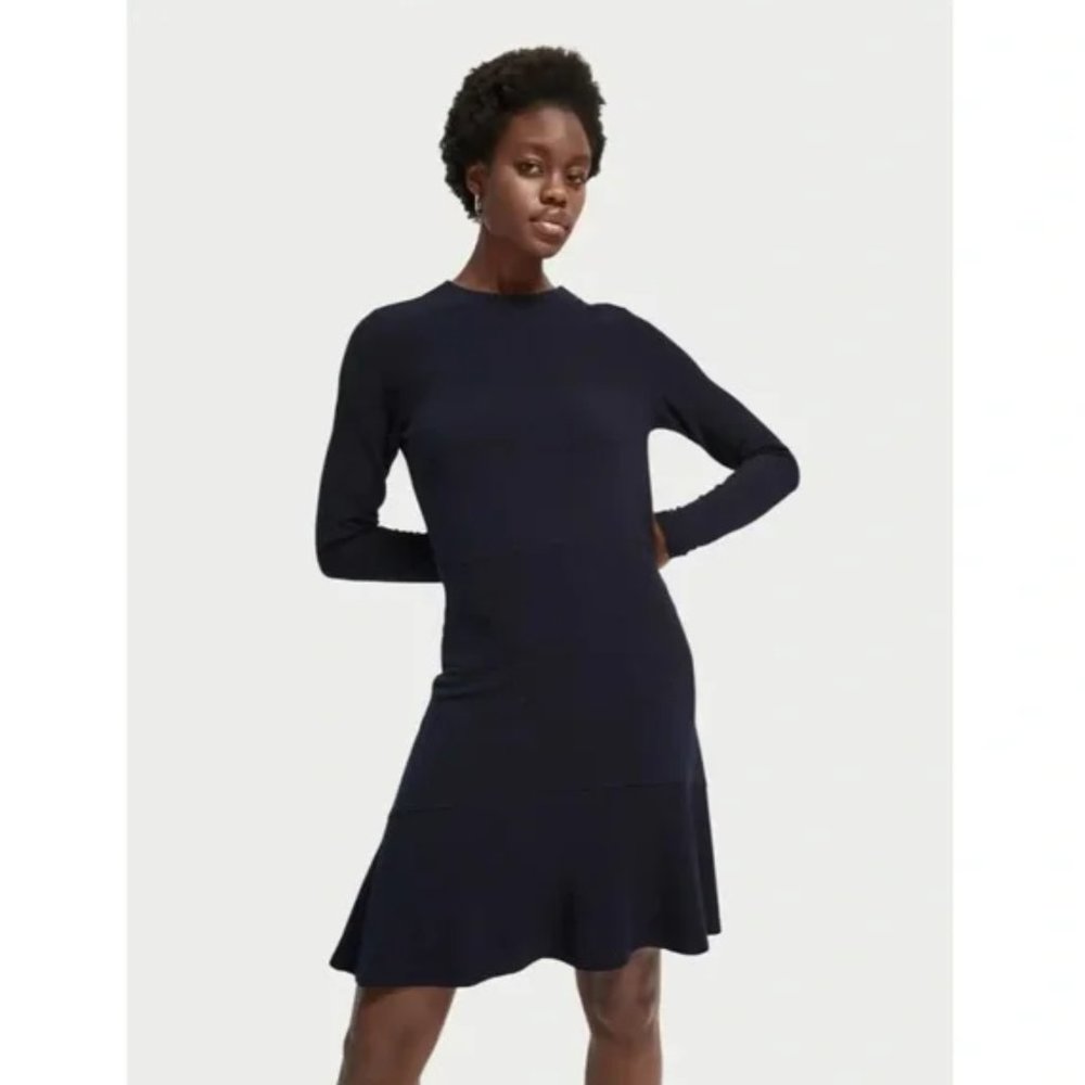 Scotch and Soda Navy Blue Long Sleeve Ribbed Sweater Mini Dress